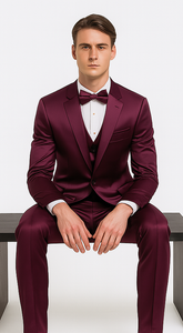 Purple Satin Double Breasted 3 Piece Skinny Fit Tazzio Men's Suit with Peak Lapel Jacket and Vest