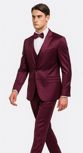 Purple Satin Double Breasted 3 Piece Skinny Fit Tazzio Men's Suit with Peak Lapel Jacket and Vest