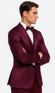 Purple Satin Double Breasted 3 Piece Skinny Fit Tazzio Men's Suit with Peak Lapel Jacket and Vest