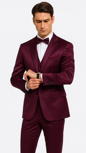 Purple Satin Double Breasted 3 Piece Skinny Fit Tazzio Men's Suit with Peak Lapel Jacket and Vest