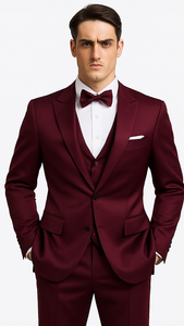 Purple Satin Double Breasted 3 Piece Skinny Fit Tazzio Men's Suit with Peak Lapel Jacket and Vest