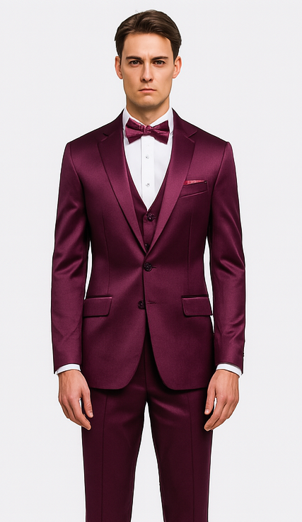 Purple Satin Double Breasted 3 Piece Skinny Fit Tazzio Men's Suit with Peak Lapel Jacket and Vest