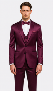 Purple Satin Double Breasted 3 Piece Skinny Fit Tazzio Men's Suit with Peak Lapel Jacket and Vest