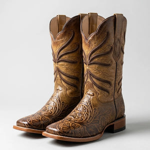 Men's Quincy Boots Tan Tooled Print Cowboy Boots Square Toe