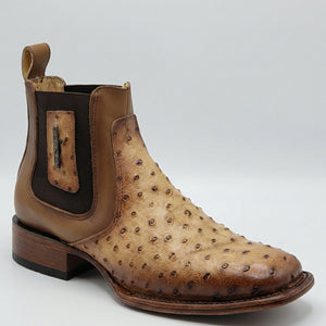Men's Quincy Boots Short Ostrich Print Western Boots Square Toe - Honey