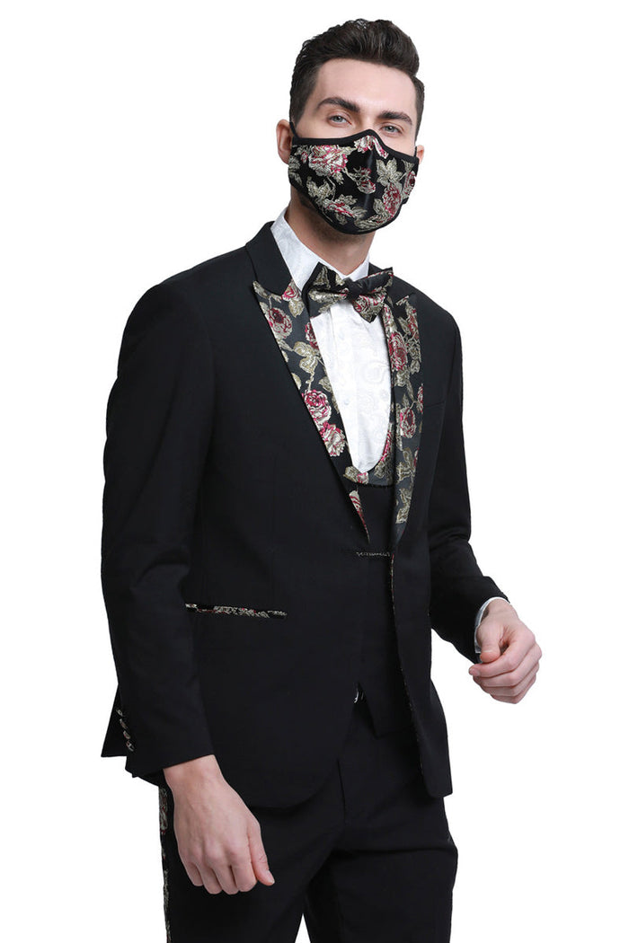 "Black Men's Wedding Tuxedo with Floral Peak Lapel - One Button Vested Prom Suit"