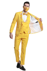 "Yellow Gold Floral Lapel Men's Tuxedo - One Button Vested for Prom & Wedding"