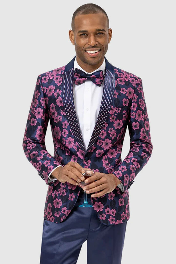 Blue / Pink  Prom Tuxedo Suit - Blue / Pink Wedding Suit - Mens Studded Shawl Lapel Prom Tuxedo Blazer In Navy Blue And Magenta Floral Pattern