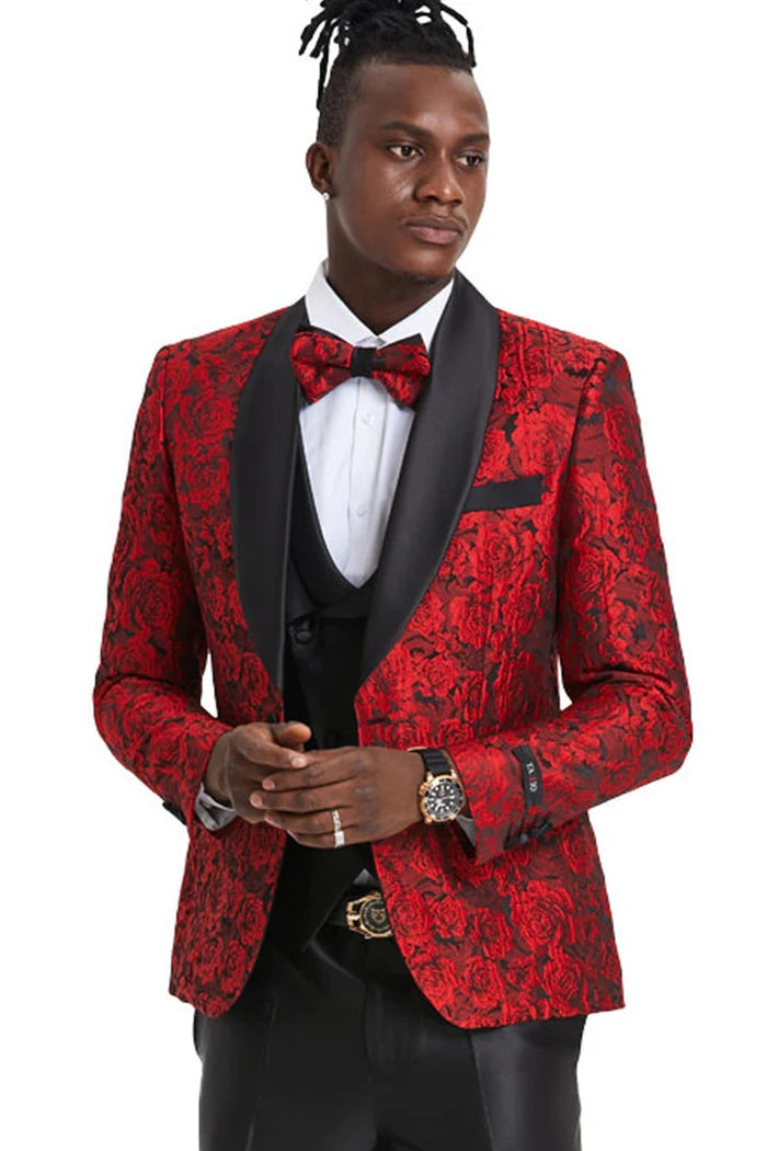 Red/Black  Prom Tuxedo Suit - Red/Black Wedding Suit - Men's One Button Slim Fit Shiny Paisley Floral Vested Prom Tuxedo