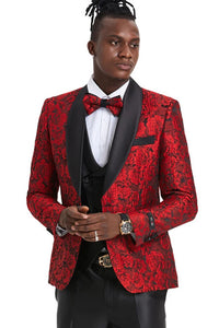 Red/Black  Prom Tuxedo Suit - Red/Black Wedding Suit - Men's One Button Slim Fit Shiny Paisley Floral Vested Prom Tuxedo