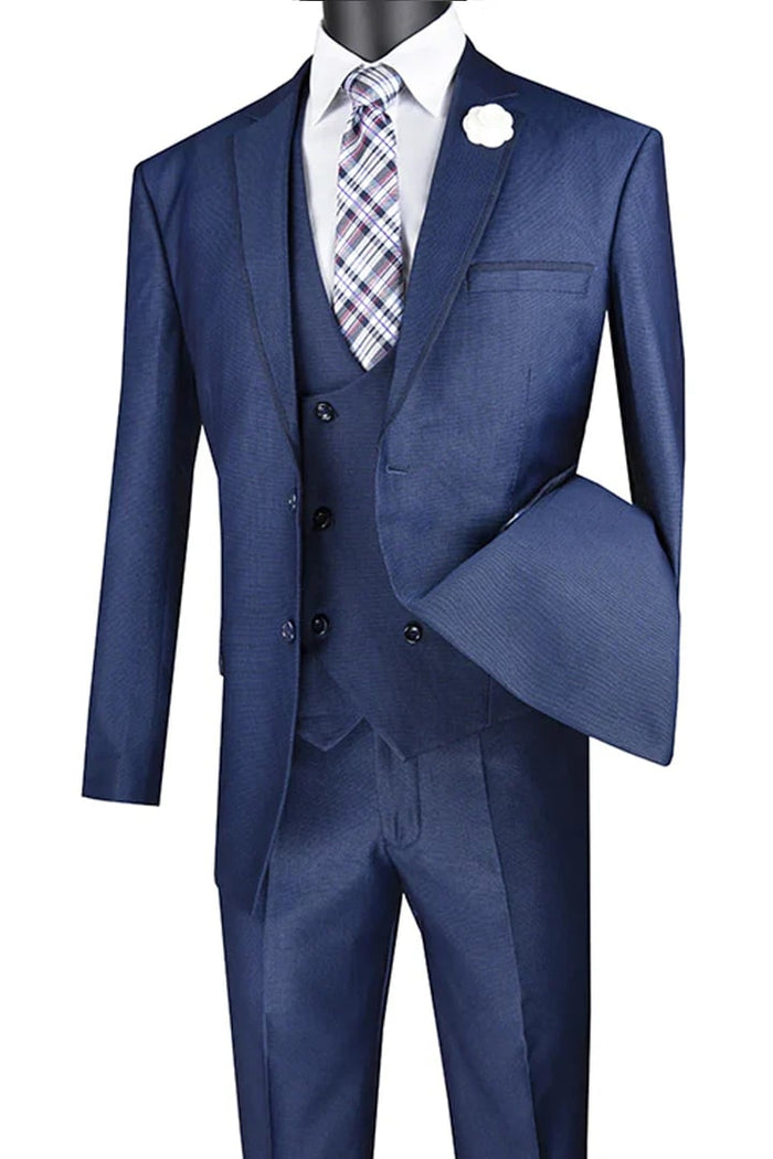 Navy  Prom Tuxedo Suit - Navy Wedding Suit - Men's Modern Fit Tuxedo Suit With Double Breasted Vest And Satin Trim In Navy Blue