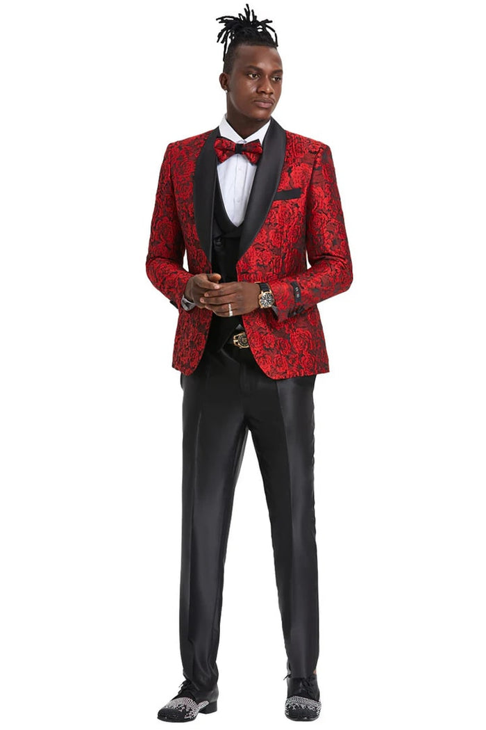 Red/Black  Prom Tuxedo Suit - Red/Black Wedding Suit - Men's One Button Slim Fit Shiny Paisley Floral Vested Prom Tuxedo