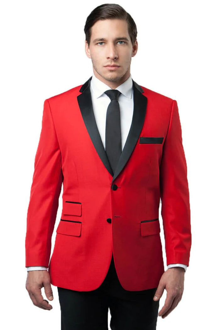Red Prom Tuxedo Suit - Red Wedding Suit - Men's Slim Fit Two Button Notch Lapel Tuxedo Jacket In Red & Black