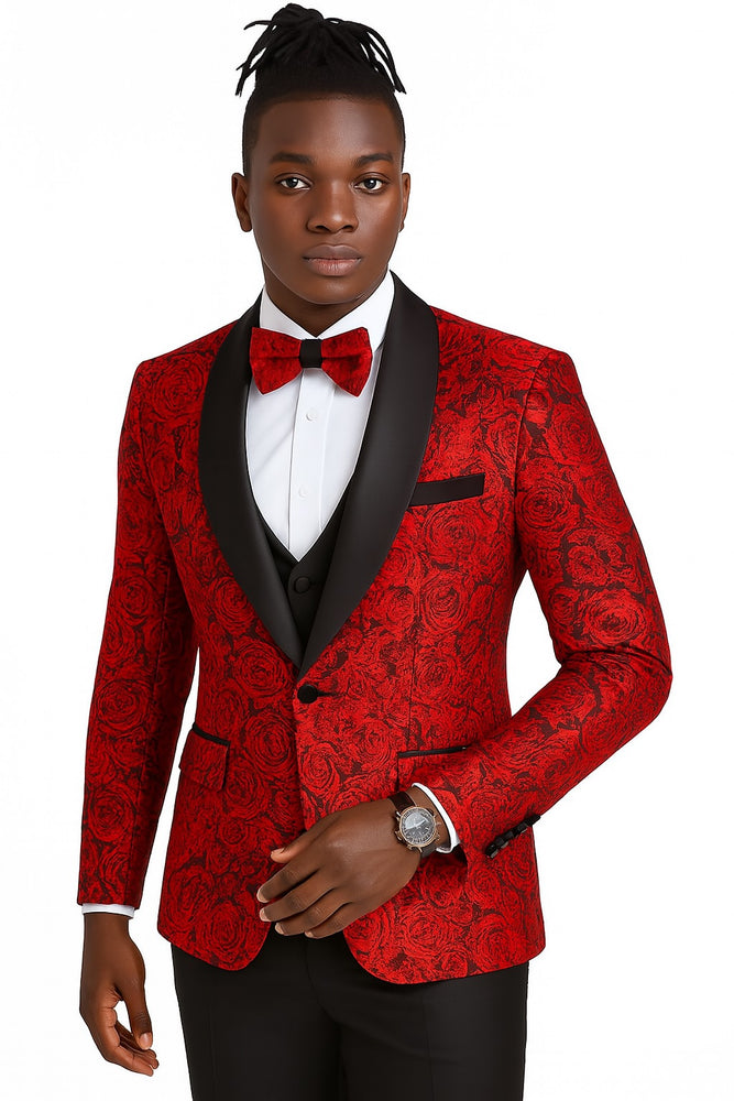 Red/Black  Prom Tuxedo Suit - Red/Black Wedding Suit - Men's One Button Slim Fit Shiny Paisley Floral Vested Prom Tuxedo