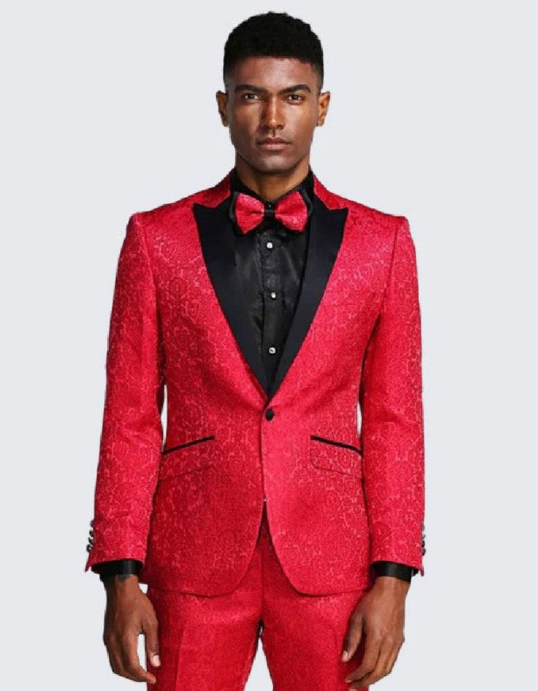 Red Paisley Slim Fit Tuxedo Three Piece Set - Wedding - Prom