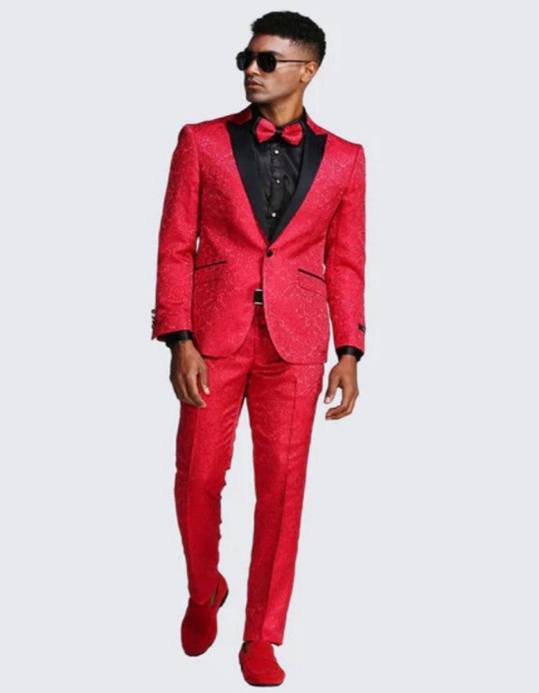 Red Paisley Slim Fit Tuxedo Three Piece Set - Wedding - Prom