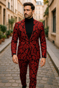 Mens Red and Black Floral Brocade Tuxedo Suit – Two Piece Slim Fit Set