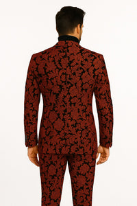 Mens Red and Black Floral Brocade Tuxedo Suit – Two Piece Slim Fit Set