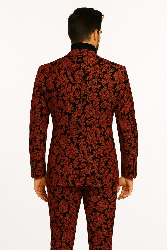 Mens Red and Black Floral Brocade Tuxedo Suit – Two Piece Slim Fit Set