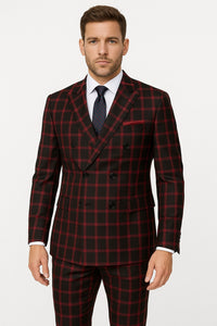 Mens Red and Black Plaid Double-Breasted Suit – Slim Fit Checkered 2 Piece Formal Business Outfit