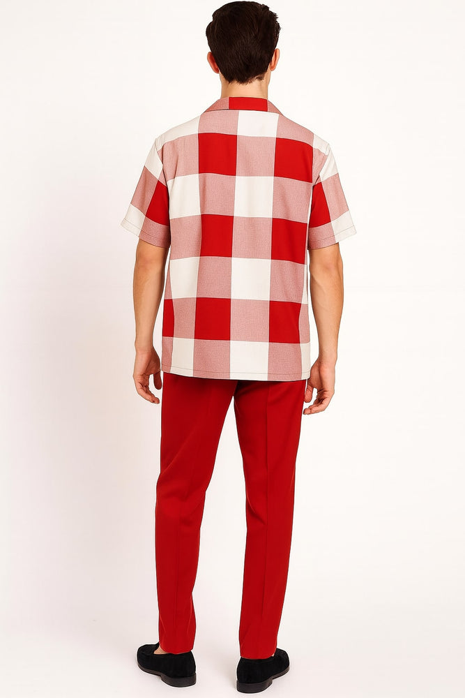 Mens Red and White Checkered Short Sleeve Shirt Set – Casual Two-Piece Summer Outfit