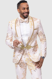 Gold  Prom Tuxedo Suit - Gold  Wedding Suit - Mens White & Gold Paisley Prom & Wedding Tuxedo
