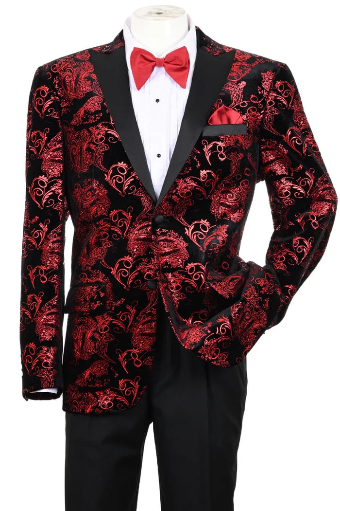 Red Prom Tuxedo Suit - Red Wedding Suit - Men's Modern Fit Velvet Floral Paisley Foil Tuxedo Jacket