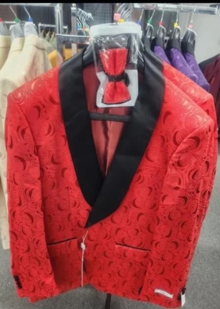 Paisley Tuxedo Dinner Jacket - Red Mens Blazer + Bowtie - Prom 2025 Jackets