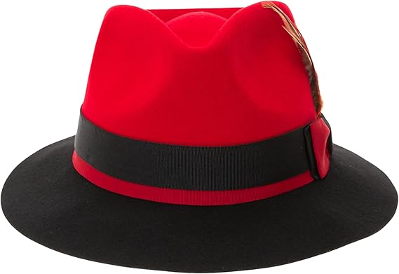 Gangster 100% Austrailian Wool Crushable Mens Fedora Hat - Removable Feather Gangster Red and Black Mens Fedora Hat