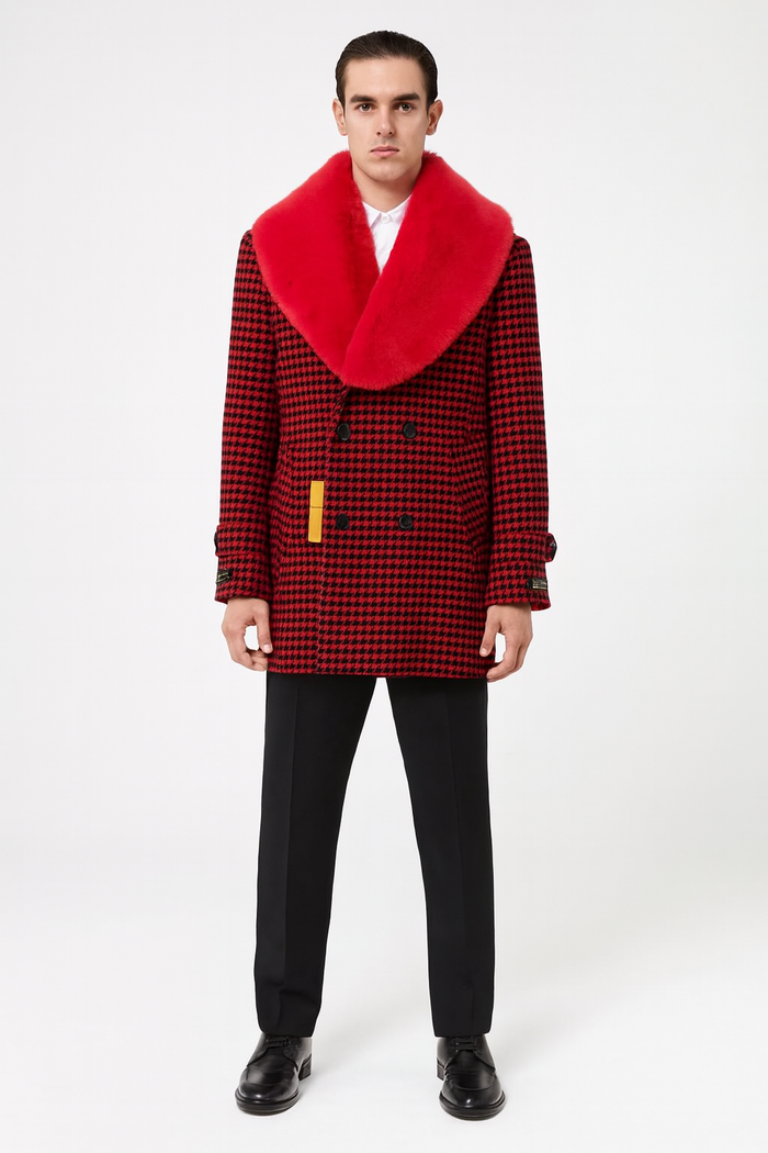 Men’s Red and Black Houndstooth Overcoat with Faux Fur Shawl Collar – Luxury Double-Breasted Winter Coat