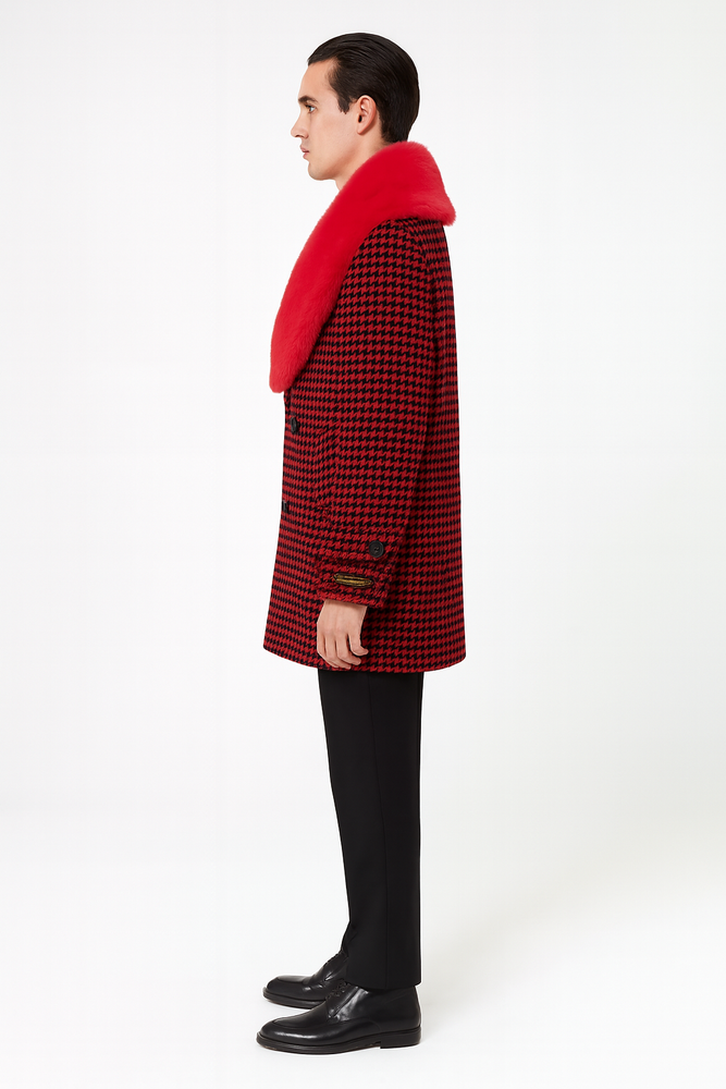 Men’s Red and Black Houndstooth Overcoat with Faux Fur Shawl Collar – Luxury Double-Breasted Winter Coat