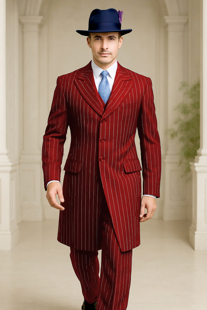 Mens Red Pinstripe Suit – Classic Long Coat Style with White Stripes
