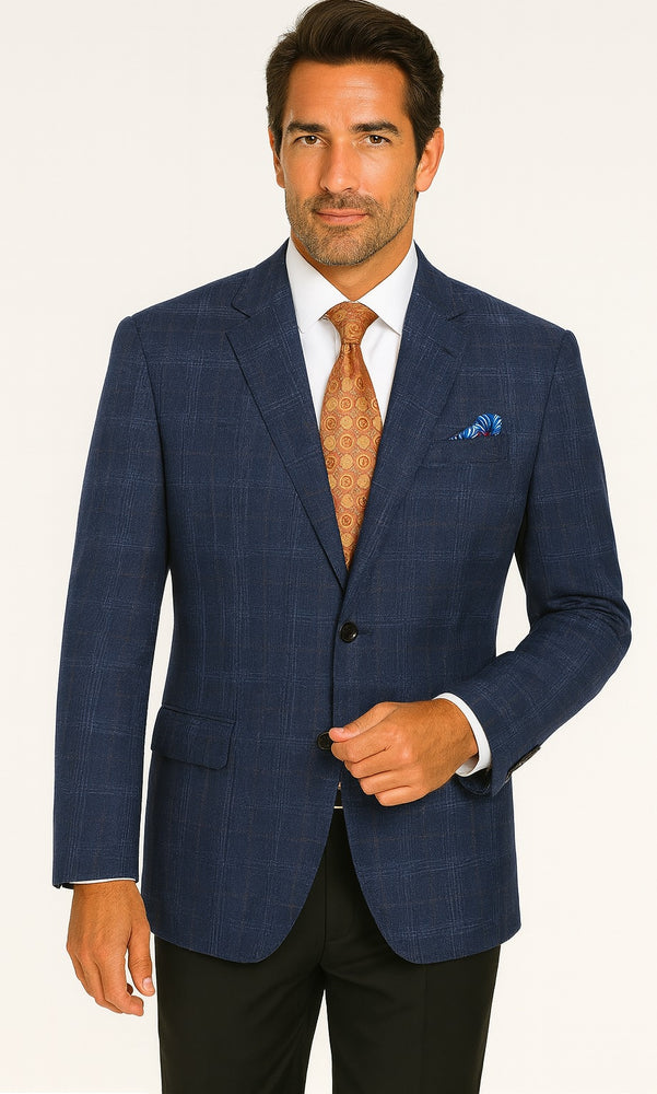 Renoir Men's Classic Fit Wool-Linen Blazer in Blue Windowpane Plaid
