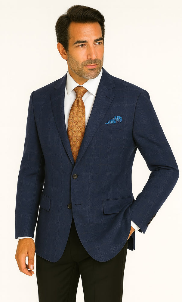 Renoir Men's Classic Fit Wool-Linen Blazer in Blue Windowpane Plaid
