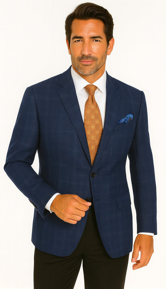 Renoir Men's Classic Fit Wool-Linen Blazer in Blue Windowpane Plaid