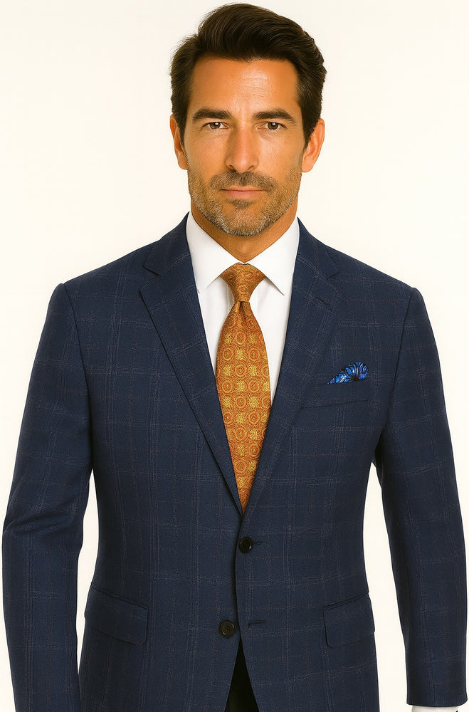 Renoir Men's Classic Fit Wool-Linen Blazer in Blue Windowpane Plaid