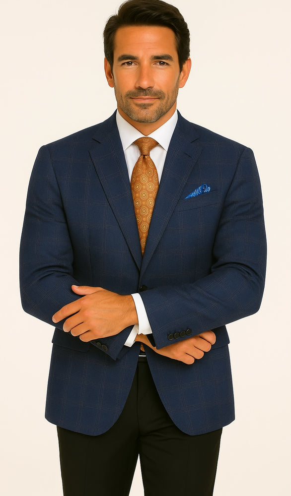 Renoir Men's Classic Fit Wool-Linen Blazer in Blue Windowpane Plaid