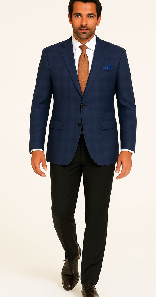 Renoir Men's Classic Fit Wool-Linen Blazer in Blue Windowpane Plaid