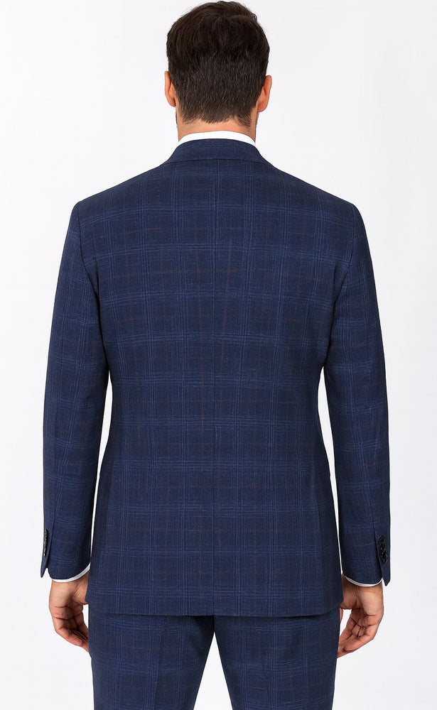 Renoir Men's Classic Fit Wool-Linen Blazer in Blue Windowpane Plaid