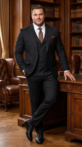 Men’s Black Wool Suit with One Button Peak Lapel Jacket and Double Breasted Vest