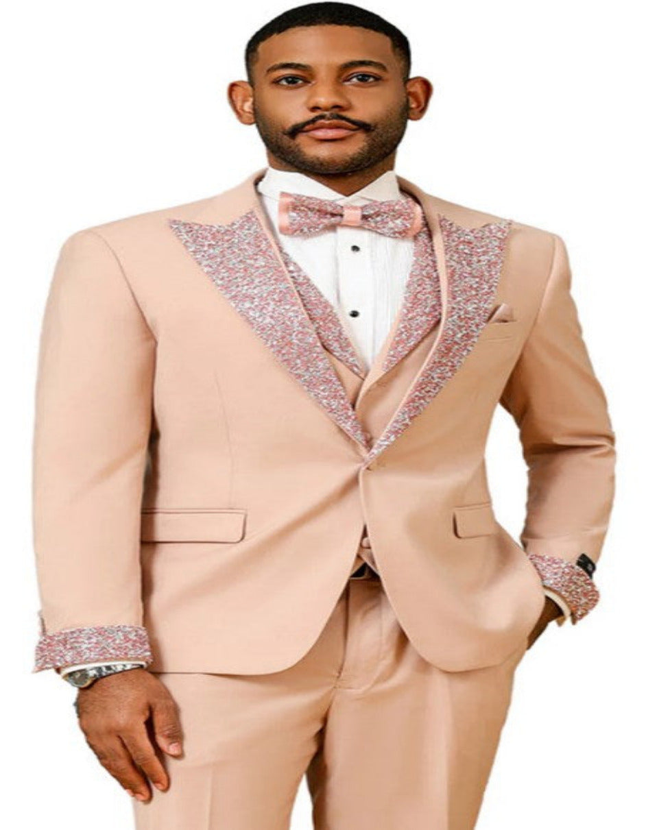 Mens Floral Prom Tuxedo in Red and Gold Package w/ Matching Pants and Bowtie