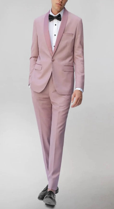 Mens Rose Single Breased Shawl Lapel Tuxedo Double Back Vent Slim Fit Suit