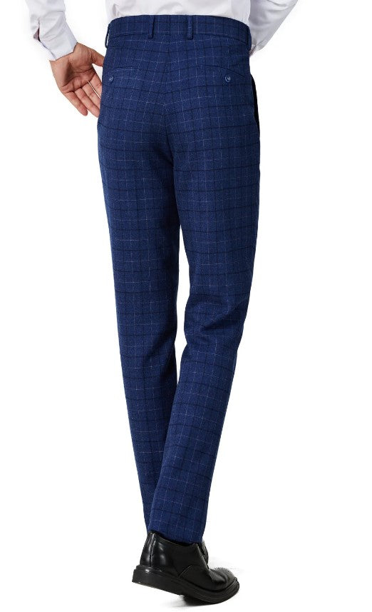 Mens Royal Blue Checker Single Breased Notched Lapel Suit Slim Fit