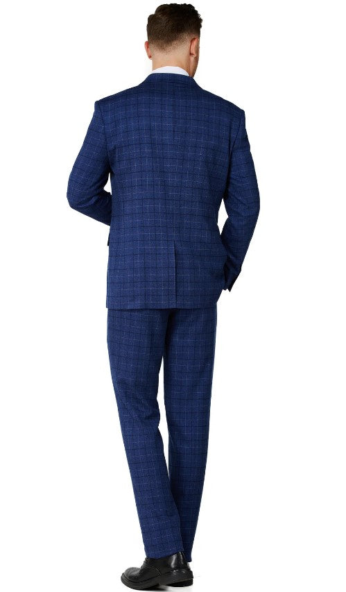 Mens Royal Blue Checker Single Breased Notched Lapel Suit Slim Fit