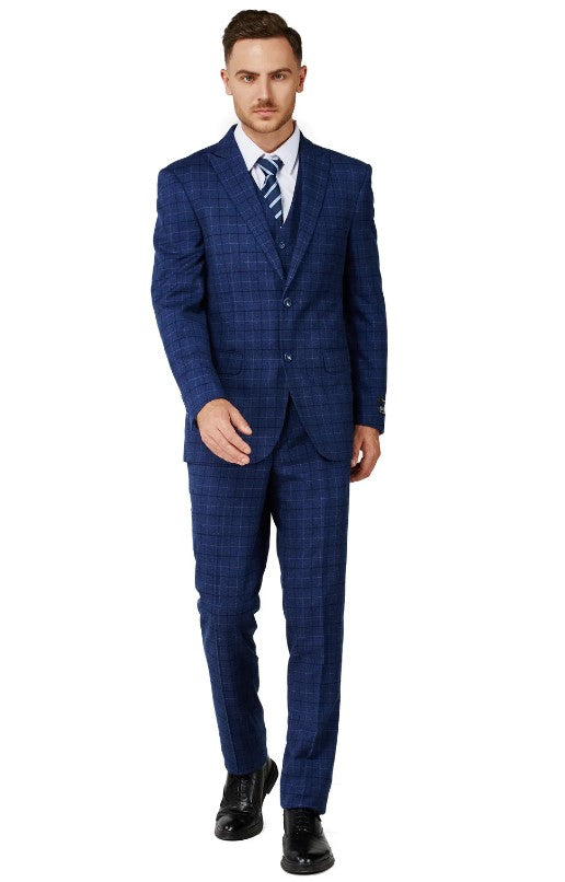 Mens Royal Blue Checker Single Breased Notched Lapel Suit Slim Fit