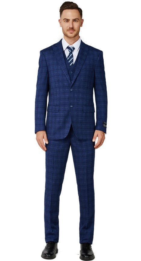 Mens Royal Blue Checker Single Breased Notched Lapel Suit Slim Fit