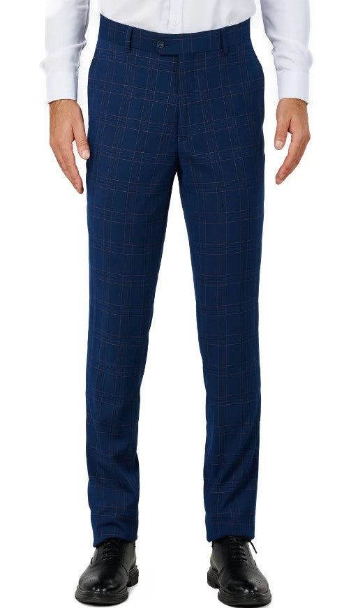 Mens Royal Blue Checker Single Breased Notched Lapel Suit Slim Fit