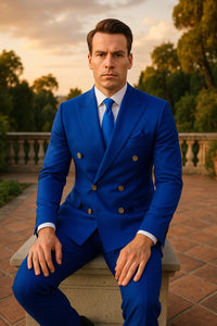Mens Royal Blue Double-Breasted Suit with Gold Buttons – Slim Fit Formal 2-Piece Set