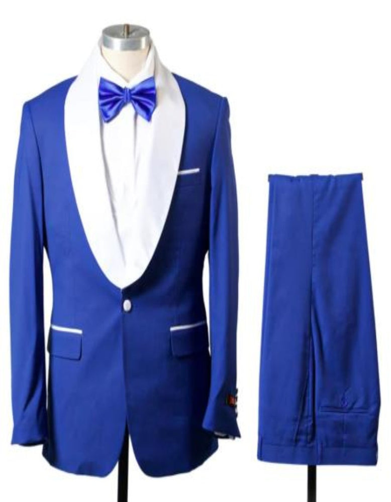 Blue Prom Suit For Men - Blue Homecoming Tuxedo -Vest Royal And White