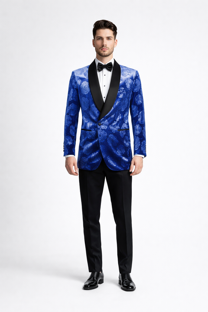 Royal Blue Rose Statement Tuxedo Jacket – Slim Fit with Shawl Lapel